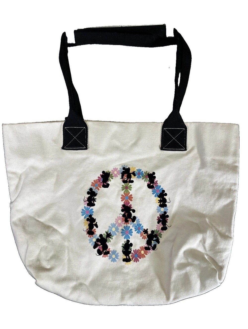 Vintage Disney Large Canvas Tote Bag Flower Peace Silhouette Mickey Purse Boho